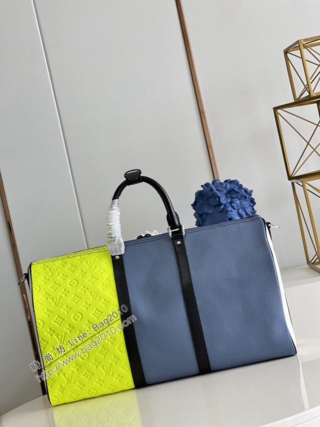 LV專櫃2023新款Keepall Bandoulière50旅行袋 M59922拼色 路易威登大號LV字母拼色旅行包 dn1117